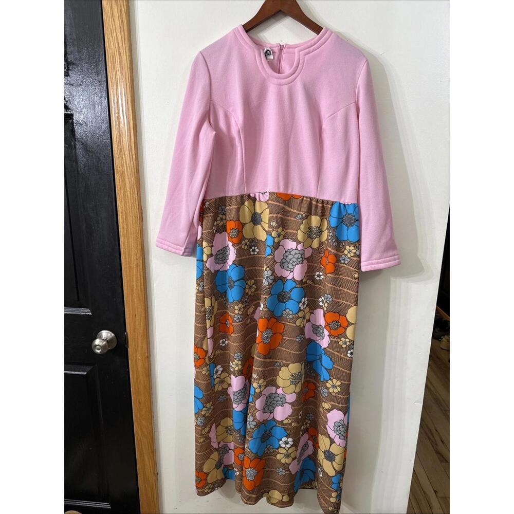 VTG 70s Sz 14 Pink Floral Maxi Dress High Waist Mod Retro Hippie Flower power